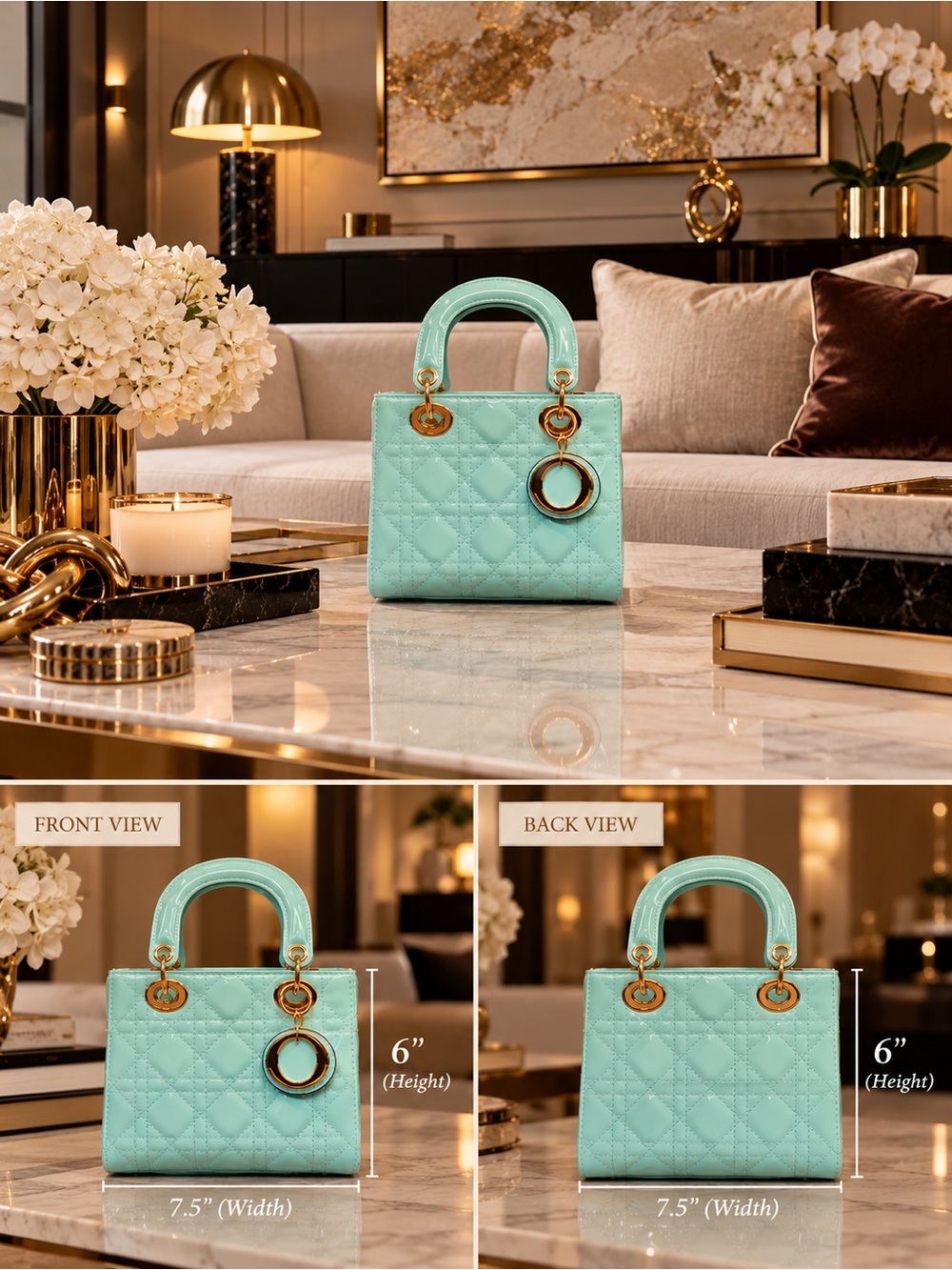 Mint Quilted Top-Handle Women's Bag with Gold Hardware